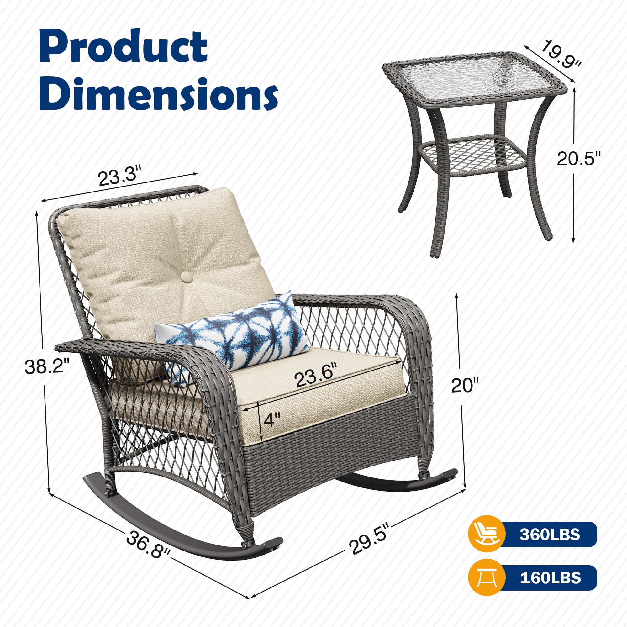 MRUAKA Outdoor Rocking Chairs Set of 3, Wicker Patio Furniture with Thickened Cushions and Table for Porch，350lbs Weight Capacity(Gray & Off-white)