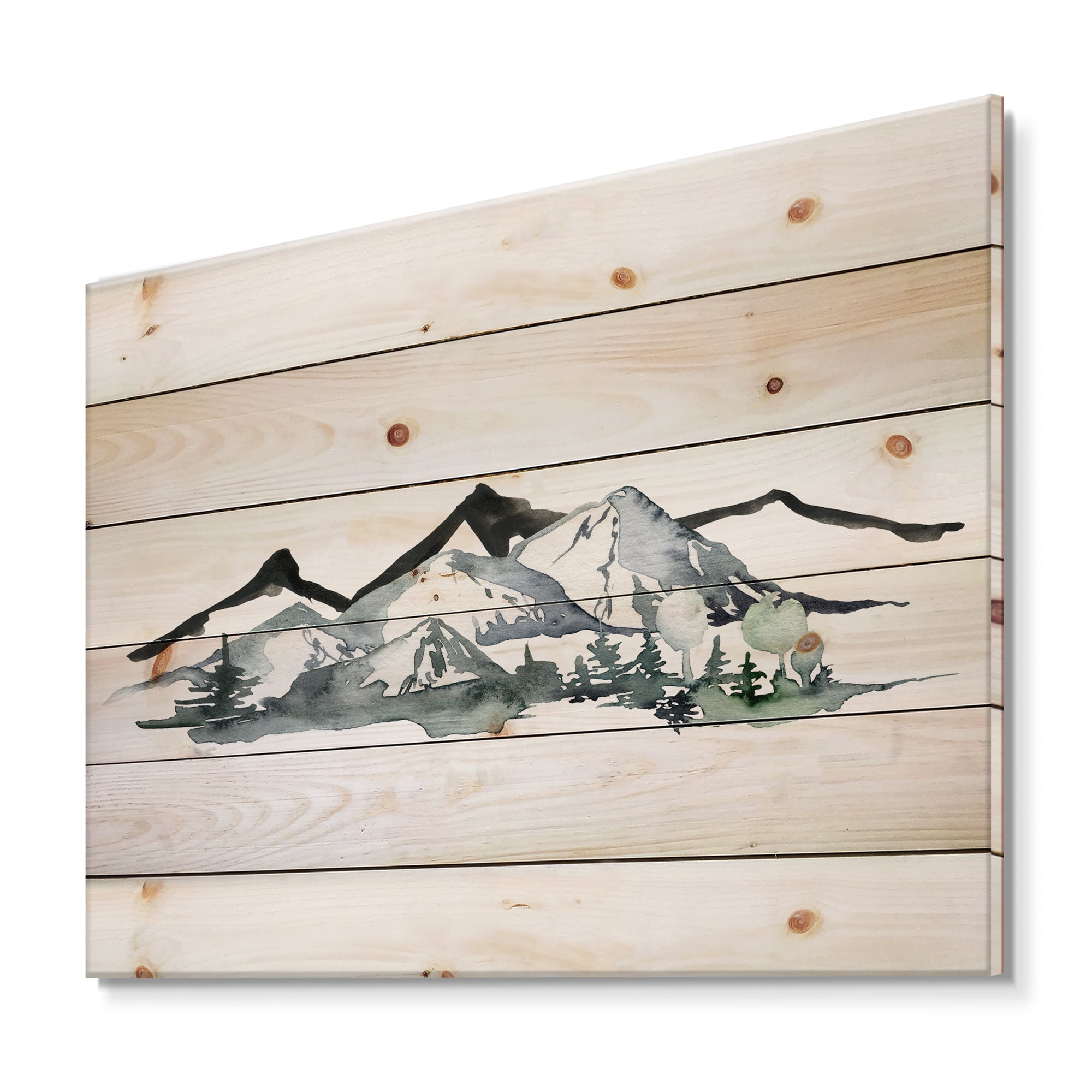 Designart 'Minimalistic Fir Forest and Winter Mountains I' Modern Print on Natural Pine Wood
