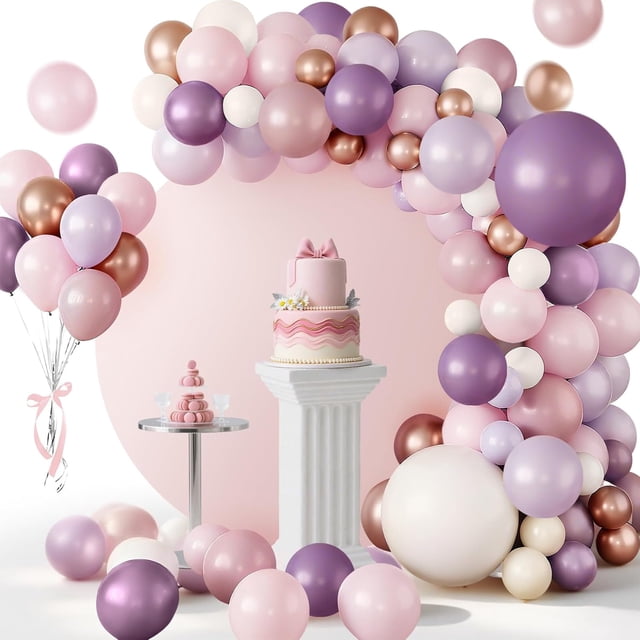 Kit de Arco de Globos (144 Pzs) Globos de Rosa Crepúsculo y Lila con Efecto Metálico, Decoración para Fiesta, Boda y Celebraciones