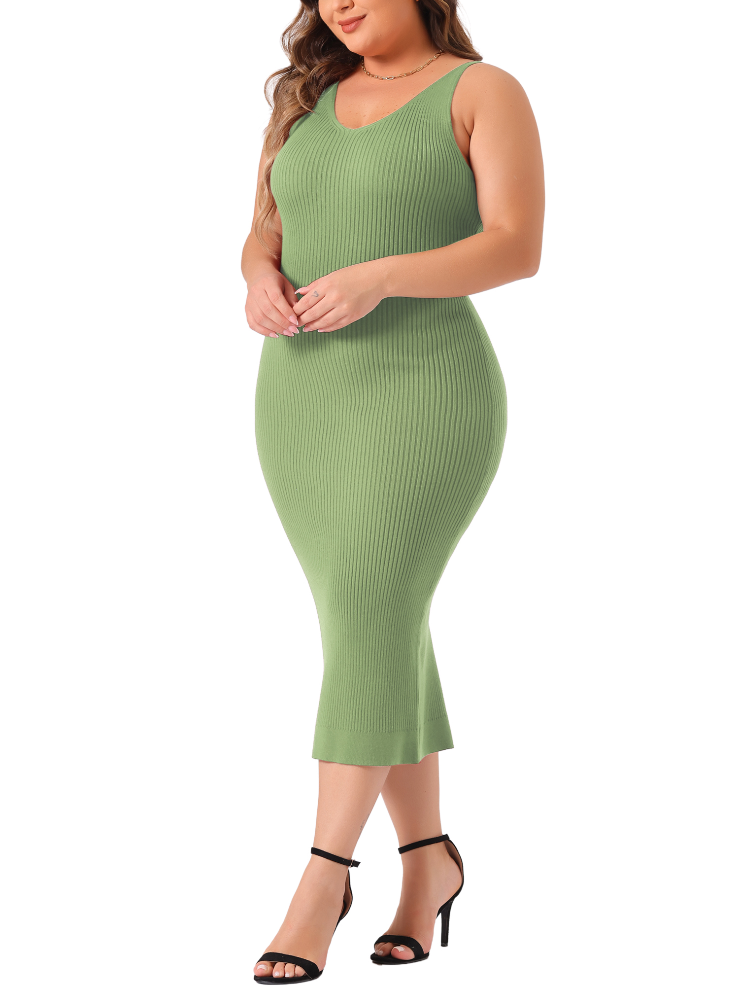 DARING DIVA Plus Size Sweater V Neck Ribbed Knit Bodycon Dress 3X Green