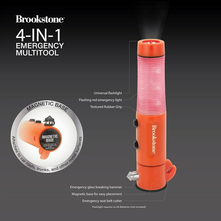 brookstone rechargeable flashlight Brookstone, 4-in-1 Car Emergency Escape Tool with Seatbelt Cutter, Glass  Hammer, Flashing Red Alert Light, All Purpose LED Flashlight, Magnetic Base