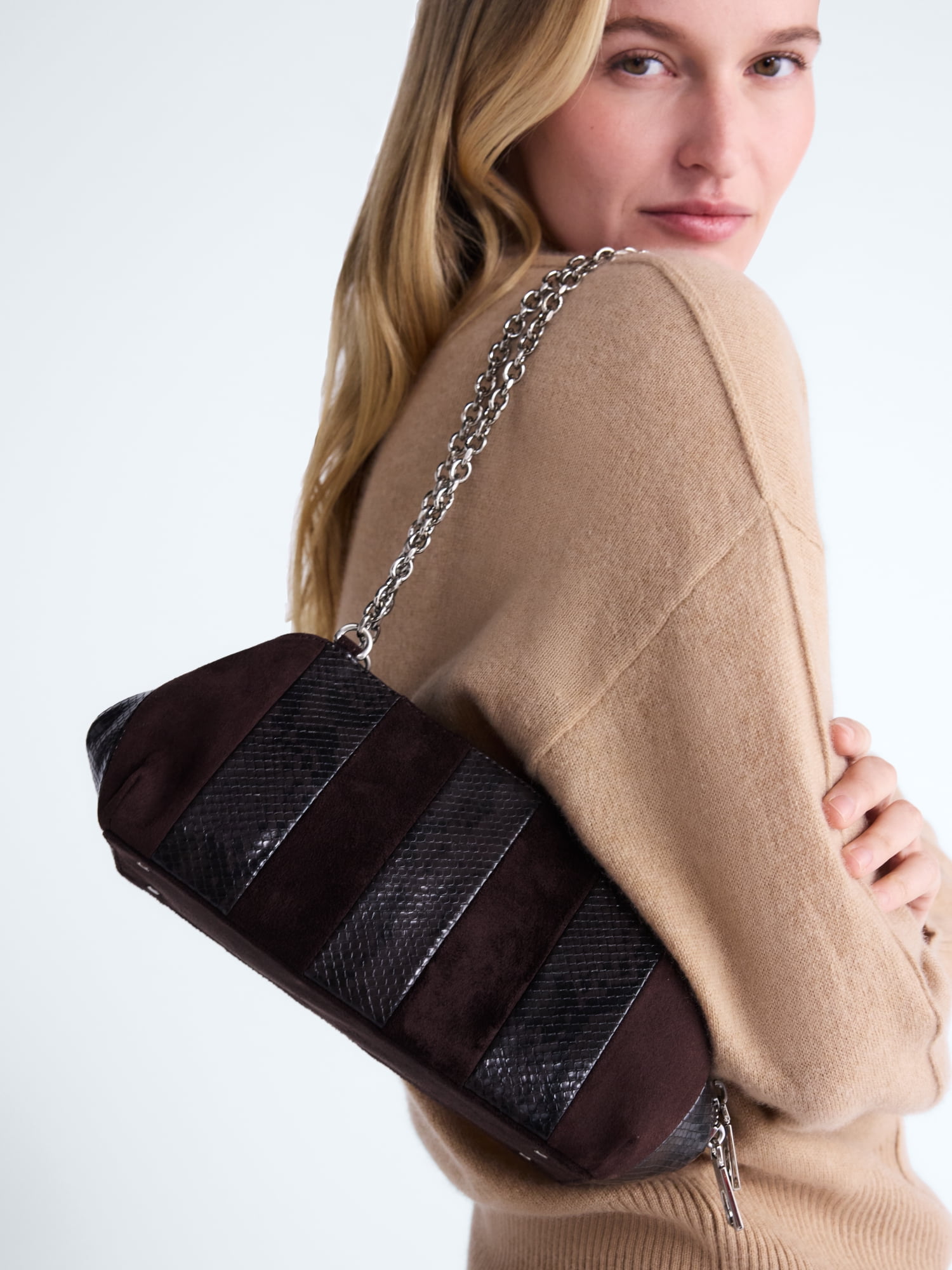 Scoop Women's Faux Snakeskin Chain Shoulder Bag, Dark Brown