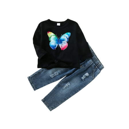 

Toddlers Girls Autumn Tracksuits Butterfly Print Long Sleeves T-Shirt and Casual Denim Pants
