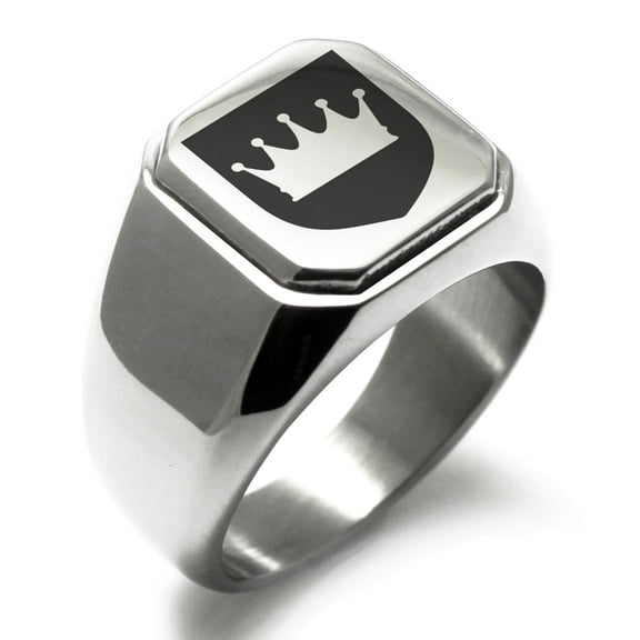 Stainless Steel Crown Royal Coat of Arms Shield Engraved Square Flat Top Biker Style Polished Signet Ring