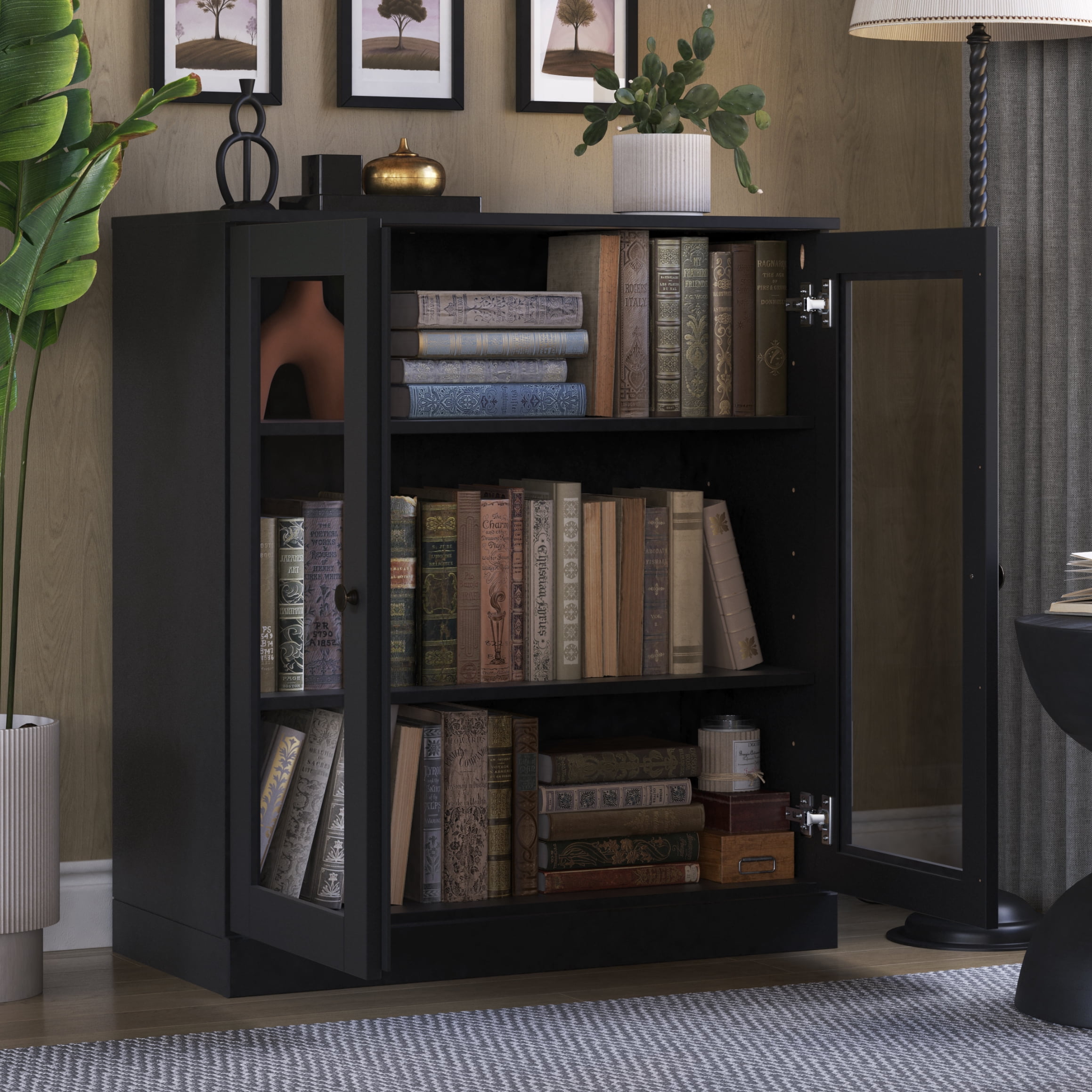 Palace Imports 100% Solid Wood 3-shelf Bookcase with Adjustable Shelves and Glass Doors, Black