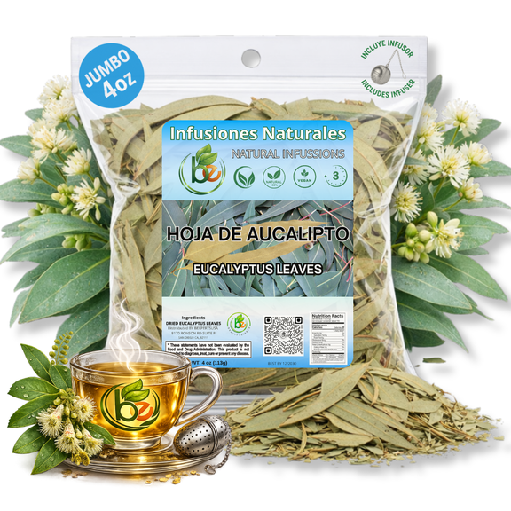 Eucalipto Hoja Té (Dried Eucalyptus Leaf Herbal Tea) – 4 oz (113 g) Loose Leaf – 100% Natural, Vegan, Non-GMO –  Tea Infuser – Premium Eucalyptus Leaves – Hot or Cold Herbal T