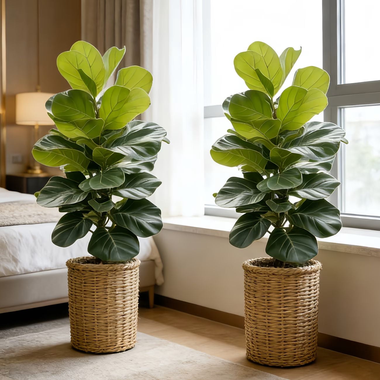 2 Pack 103cm Artificial Fiddle Leaf Fig Tree, Tall Fake Ficus Plant with Realistic Leaves, UV Resistant Tall Faux Floor Plant for Indoor Home Living Room Bedroom Decor, No Pot Needed