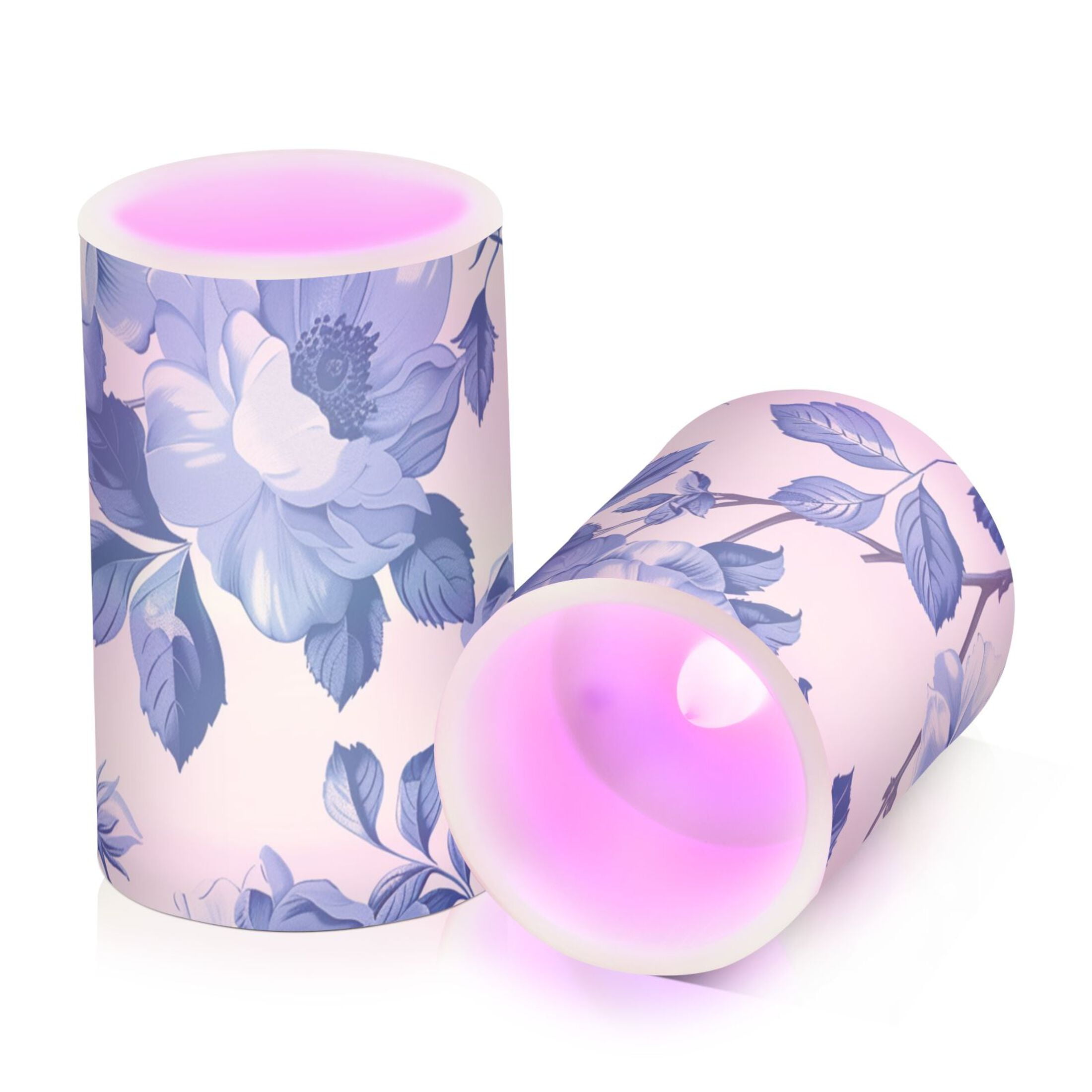Blue White Florals and Leaves Flickering Flameless Candles LED Tealight Battery Operated with Remote Set of 2 Holiday Decor Ornaments