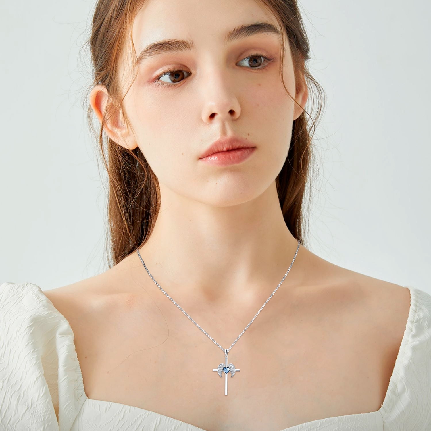 Coachuhhar Cross Necklace 925 Sterling Silver Angel Wings Pendant Necklace with Heart Blue Crystal Cross Jewelry Gifts for Women