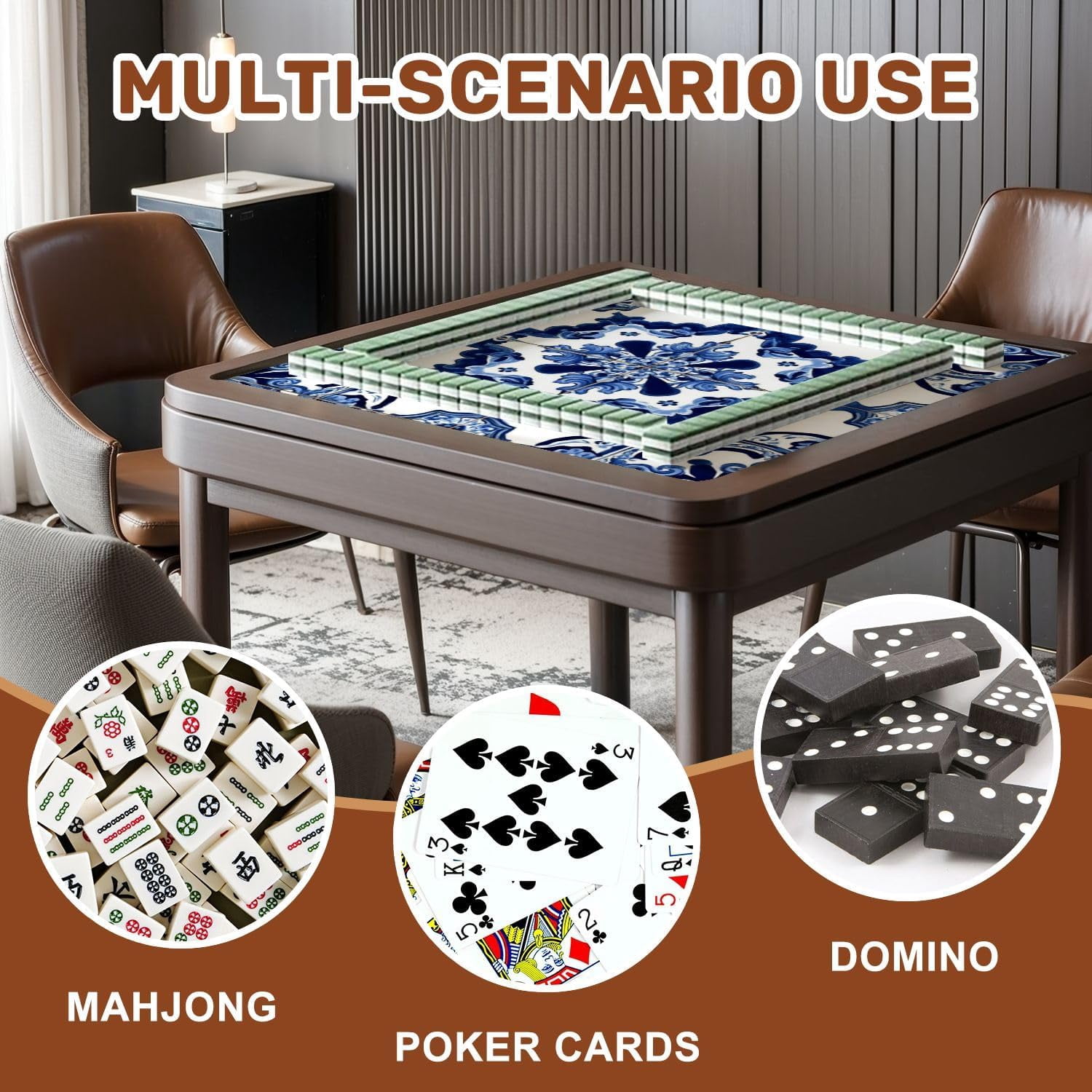 Mahjong Mat 31.5" x 31.5" Blue White Ornate Floral Tile Non-Slip Noise Reduction Mahjong Tiles Table Cover for Dominoes Poker Card Board and Tile Games Gift