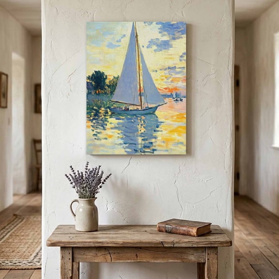 Sailing Sailboat Canvas Wall Art for Living Room Bedroom Bathroom, Oil Painted Sunset Ocean Houses Canvas Art Wall Decor, Artwork for Walls Home Office Decor, 11"x14"