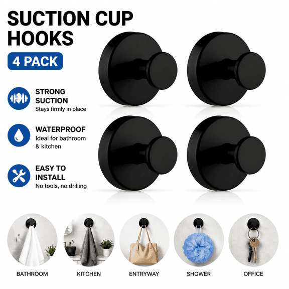 4 Pack Suction Cup Hooks for Shower, Reusable Towel Hooks for Bathroom Glass Window Tile, No Drill Shower Hooks for Hanging Loofah, Robe, Matte Black