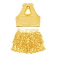 thumbnail image 4 of iEFiEL Girls 2Pcs Dance Outfit Sparkle Sequins Crop Top with Ruffles Skirted Shorts Carnival Performance Costume Gold 14, 4 of 5
