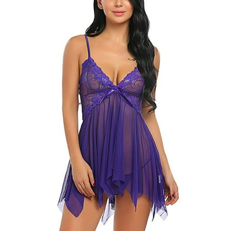 Ukumplol Nightgowns for Women Lace Trim Sleep Dress Lace Women Flower Strap Neck Chemise V Underwear Sleepwear Underwear Women s Sleepwear Babydoll Nightgown Purple XL