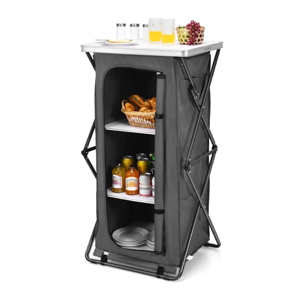 47" H Pop Up Outdoor Station, 3-Tier Folding Camping Storage ,Cabinet with Large Storage Organizer, Carry Bag, Portable Compact Camping Table for BBQ, Camping, Kitchen, Picnic, Backyard