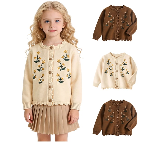 Abtuhar Toddler Girls Fall Winter Cardigan Sweater Long Sleeve Embroidery Knit Warm Outer Top for 3‑9 Years Old