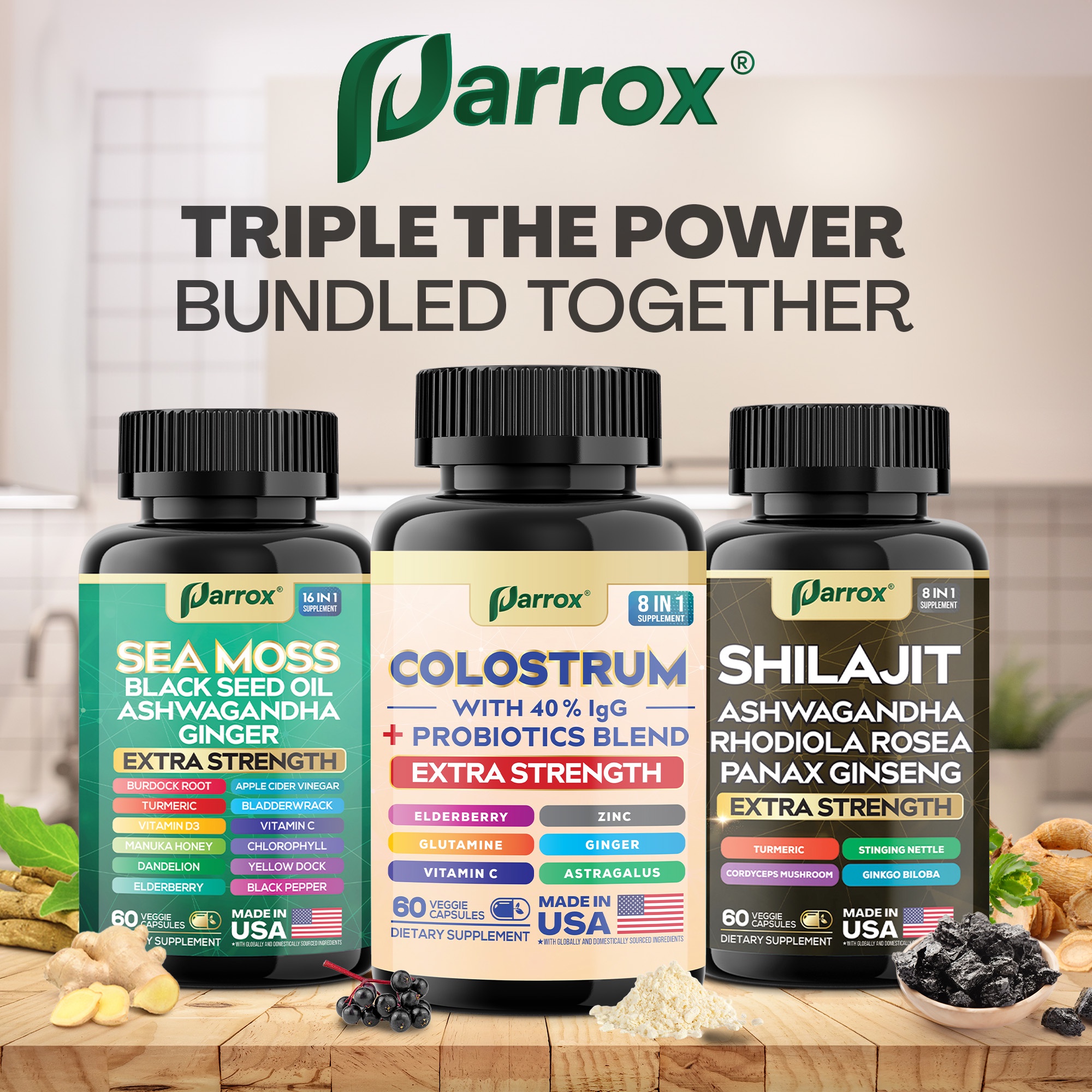 Parrox Complete Vitality Trio - Sea Moss, Black Seed Oil, Ashwagandha, Burdock Root, Colostrum, Probiotics, Elderberry, Vitamin C, Astragalus, Panax Ginseng, Ginkgo Biloba, Rhodiola Rosea, Turmeric
