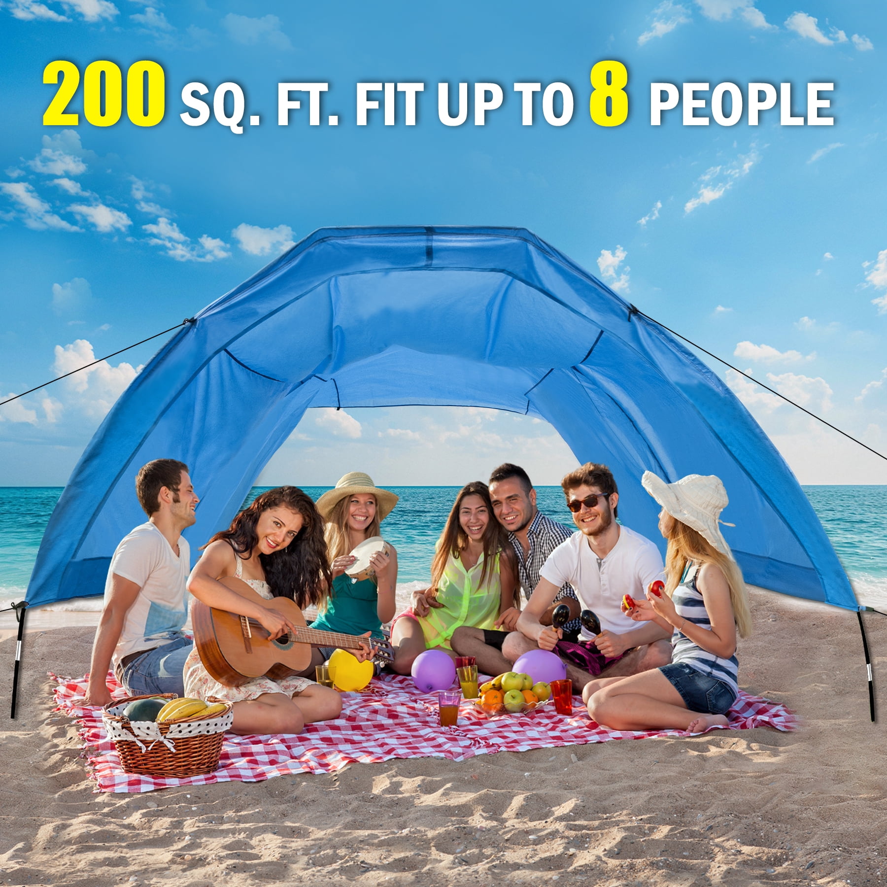 New Beach Shade with Quiet Canopy, The Beach Shade Canopy，Beach Canopy - Covers Up to 8 People, 200 Sq. Ft. of Shade, Sets Up in 3 Minutes, Lightweight, Compact, Wind Assist Included