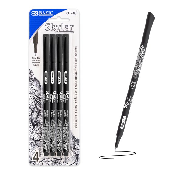 BAZIC Skylar Fineliner Pen, Fine Tip 0.4mm Pens, Black Ink, 4 Count, 1-Pack