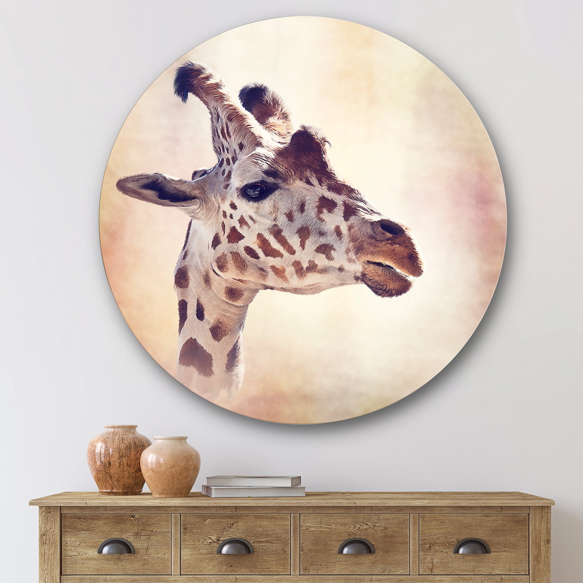 Designart 'Close Up Portrait of A Giraffe VII' Farmhouse Circle Metal Wall Art 36x36 - Disc of 36