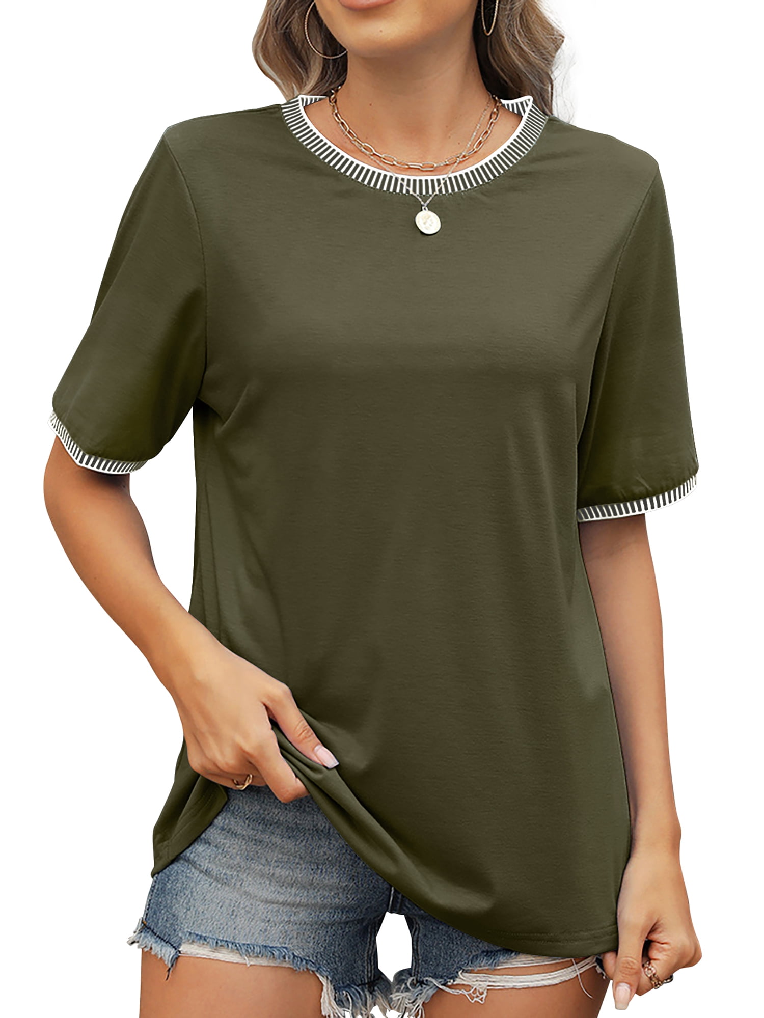 MOSHU Dressy Women Plus Size Tops Crewneck Blouses for Women Striped Colorblock Short Sleeve Shirts Casual Summer Tops