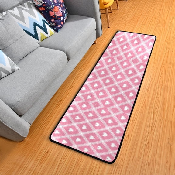 Lace Grid with Hearts Valentine Long Floor Mat Runner Rug Area Rug Carpet Water Absorbent Non-Slip 72" x 24"