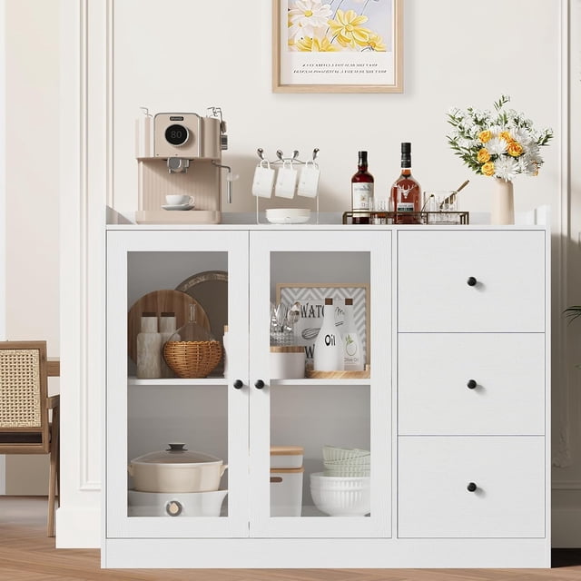 Bingirl 43-Inch Modern Wood Buffet Cabinet with Storage - Features Guardrail Design, Adjustable Shelves, and 3 Drawers. Perfect for Kitchen and Dining Room (White)