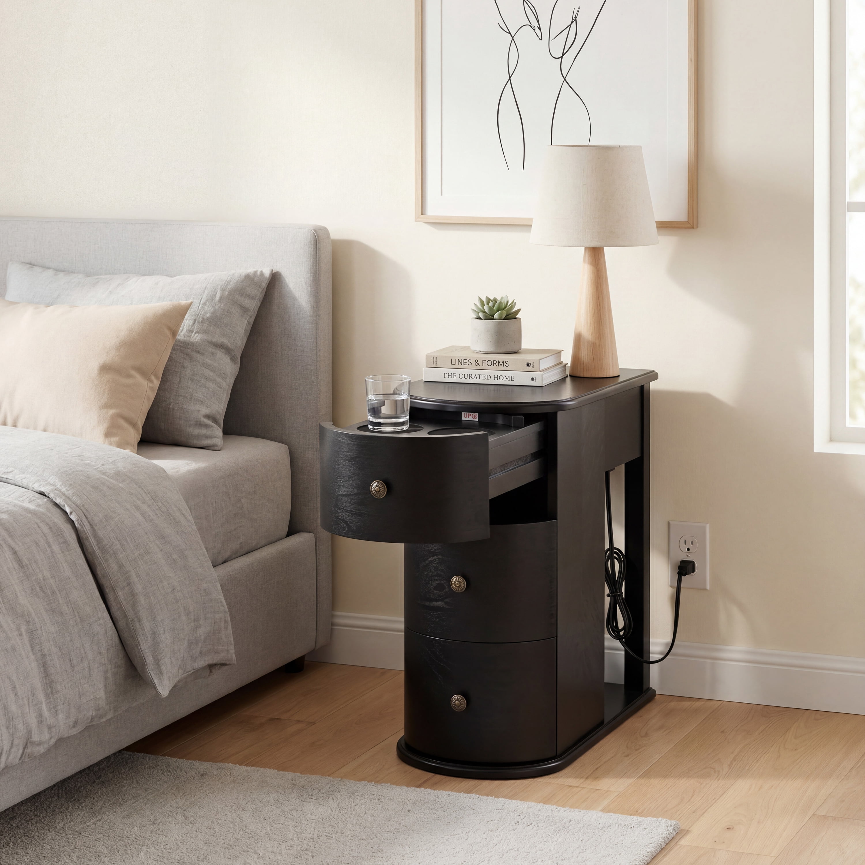 Modern End Table with Hidden Cup Holder Drawer, Charging Station & Pull-Out Side Table, Wooden Bedside Table with 2 Storage Drawers, Space Saving End Table for Bedroom & Living Room