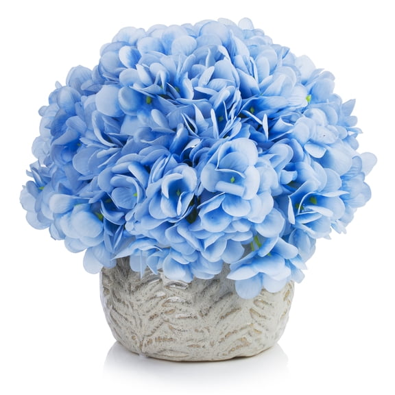 Enova Home Artificial Silk Hydrangea Faux Flowers Arrangement in Round Tapered Ceramic Pot for Home Office Wedding Decoration (Blue)