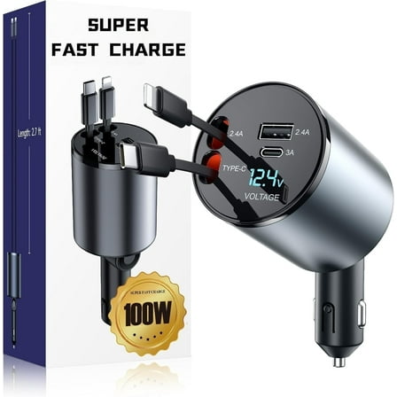 Retractable 4-in-1 100W USB-C Car Charger for iPhone