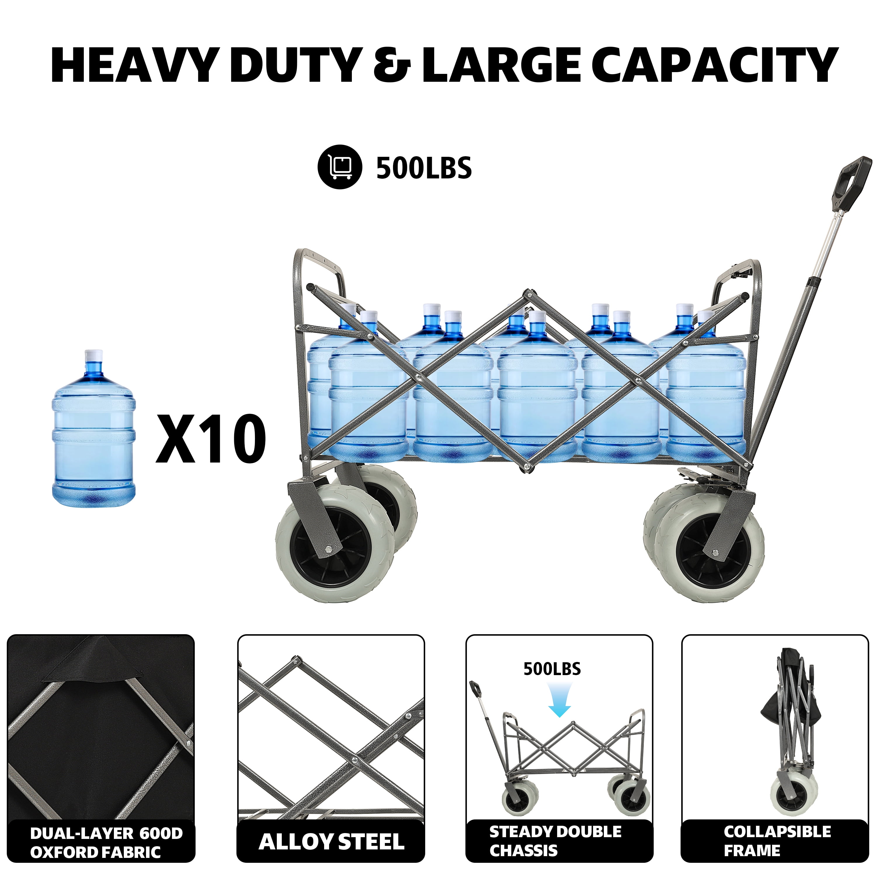 Beach Wagon with Big Wheels for Sand 500lbs Capacity, All Terrain Steel Frame Utility Cart with 9" Pneumatic Tires