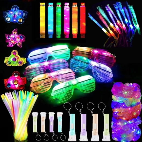 170 PCS Glow in the Dark Party Supplies, 10 Scrunchies, 12 LED Glasses, 100 Glow Sticks，12 Spinner Bracelets, 12 Light up Pop Tubes,12 Mini flashlight for Party, Concert, New Year, Carnivals, Raves