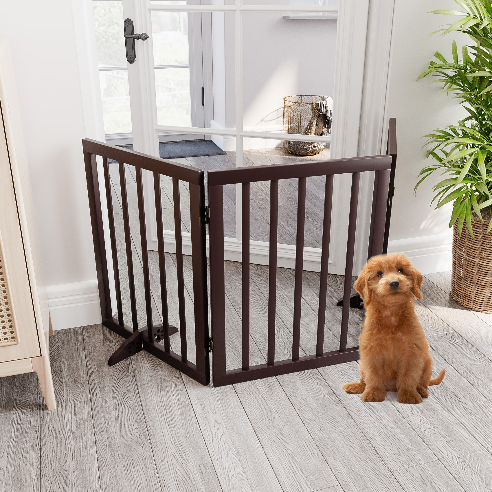 Smart FENDEE Dog Gate Wood Foldable Pet Gate for Doorway,24"H,Brown