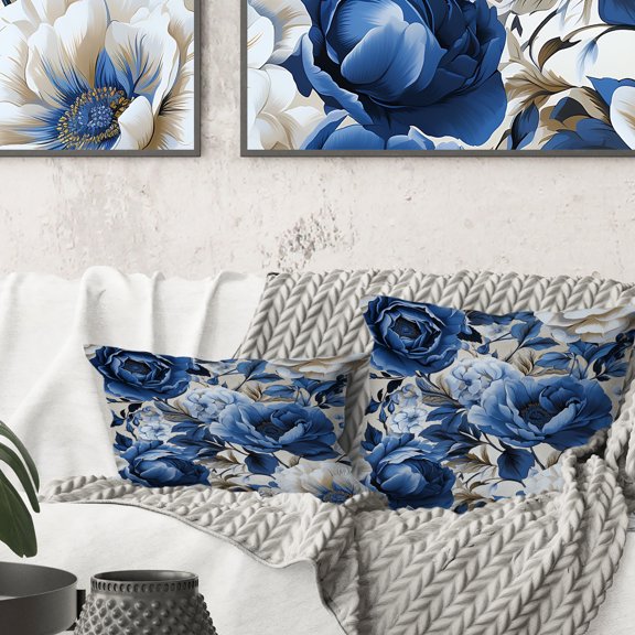 Designart "Neo-Victorian Elegance: Blue Roses Pattern III" Floral Printed Throw Pillow