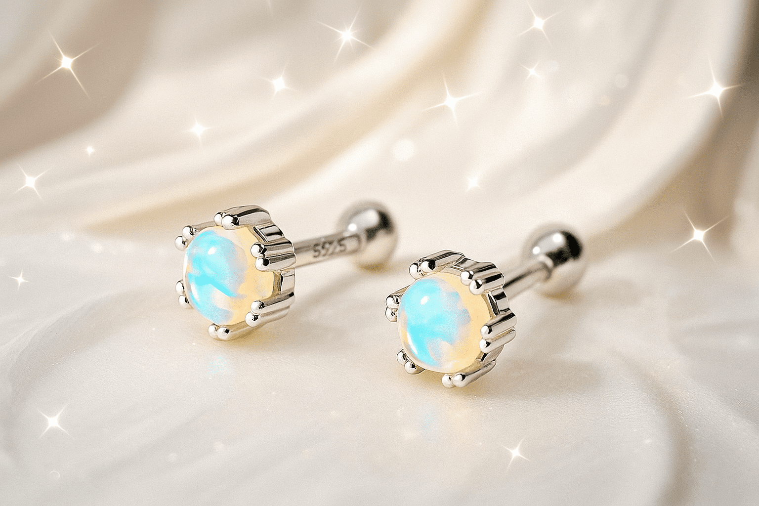 RYSKYJEWELRY Screw Back Stud Moonstone Earrings in Sterling Silver, Adult