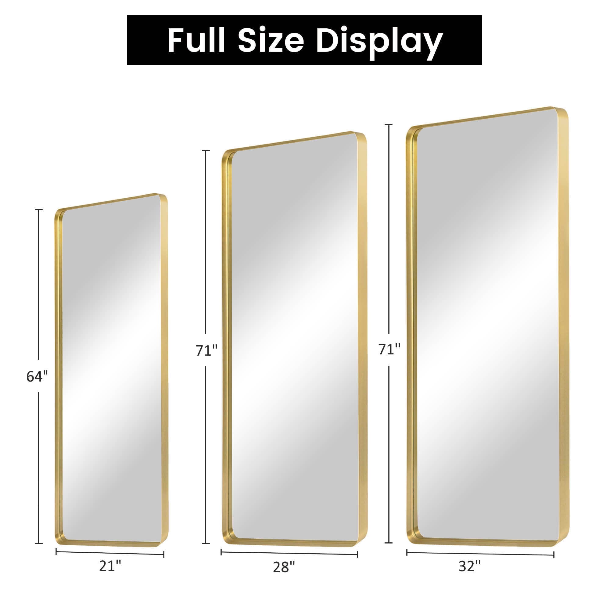MAYEERTY 64x21x2 Inch Gold Imitation Electroplated Aluminum Round Corner Rectangular Full Length Mirror, Deep, No Stand for Bedroom