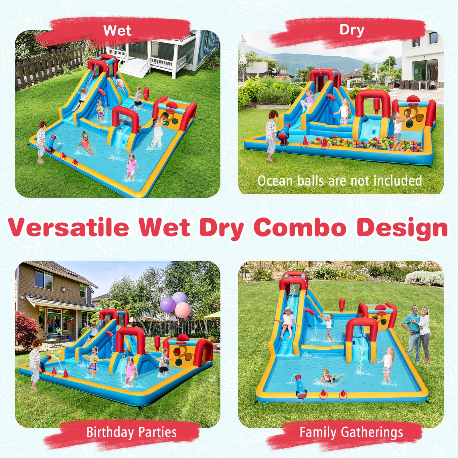 Costway Inflatable Water Park with Climbing Wall Boxing Post Basketball Rim 750W Blower
