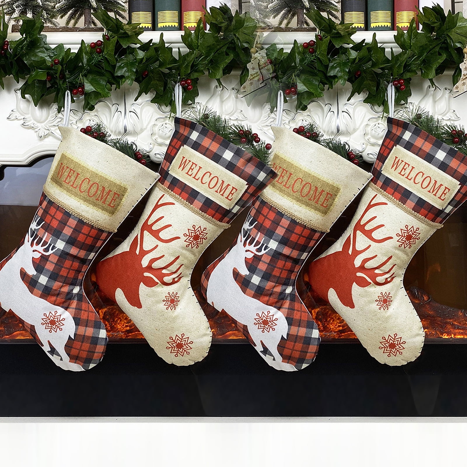 4 Pack Large Christmas Stocking,18 inches Classic Reindeer Xmas Cuff Stockings,Classic Large Stocking Decorations for Family Holiday Season Decor