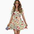 thumbnail image 2 of Lovely Floral Cream Fabric Design Women Dress V-Neck Short Sleeve Flowy Swing Party Midi Dress, 2 of 4
