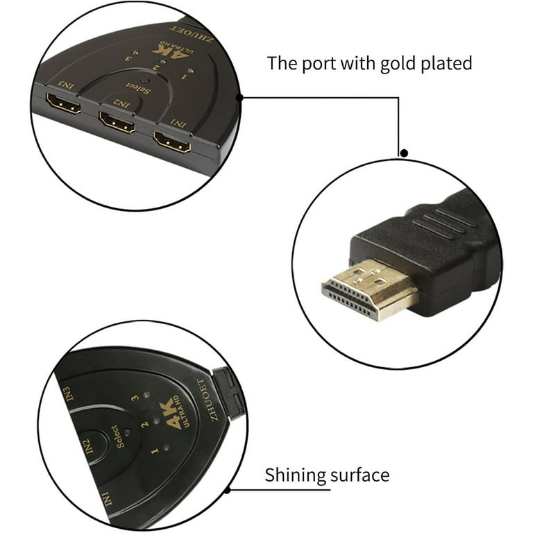 Commutateur HDMI à 3 ports avec câble Pigtail compatible avec la