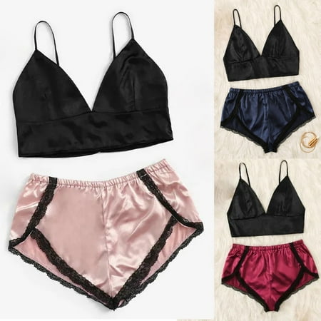 

Rong Yun Women Satin Lace Plus Size Bra Camisole Shorts Set Sleepwear Pajamas Lingerie(Buy 2 Get 1 Free)