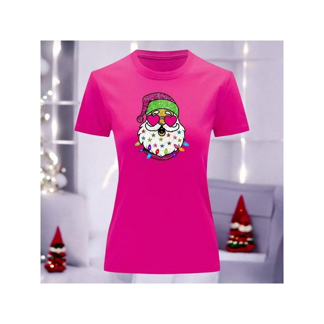Playera Blusa Con Estampado De Santa Arbolito De Navidad Ropa Para Mujer Color Fucsia Talla Grande Marca Emil SaEs