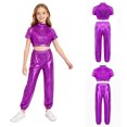 thumbnail image 3 of Aislor Girls Jazz Dance Outfit Mock Neck Short Sleeve Sequins Metallic Back Invisible Zipper Crop Top with Pants Purple 8, 3 of 7
