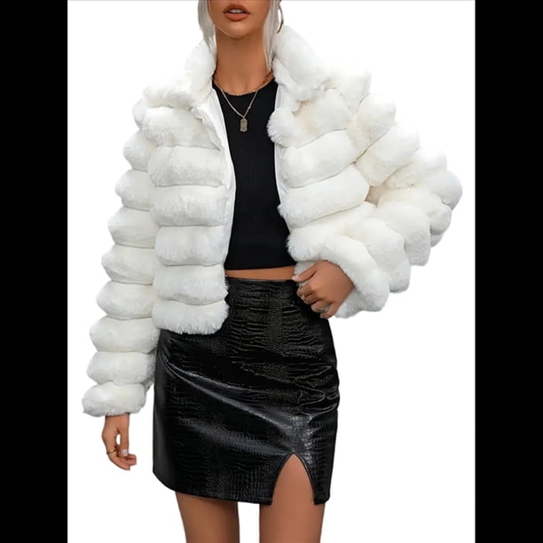 Chaqueta de Piel Sintética para Mujer, Abrigo Corto Abullonado de Larga, Abrigo Cálido de Invierno. S