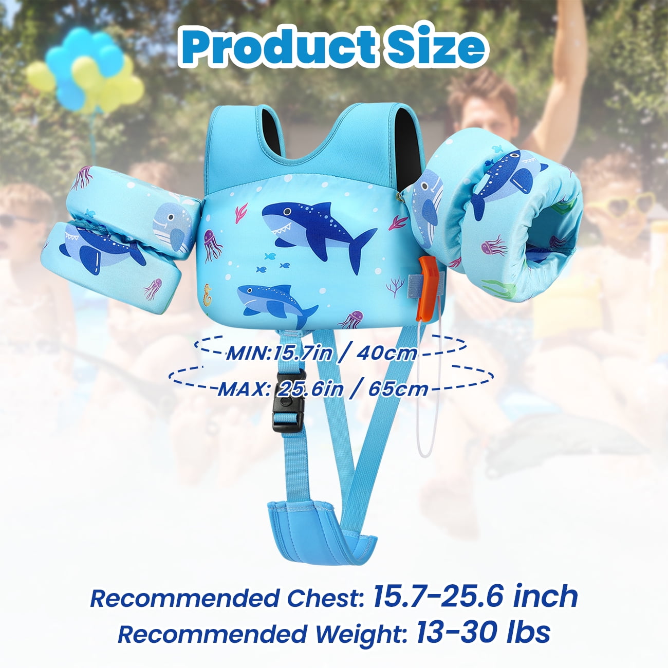 HeySplash Swim Vest for Kid,Arm Floaties with Adjustable Strap Fit 3-5 Years,Pool Sea Swimming Aid,Blue Shark