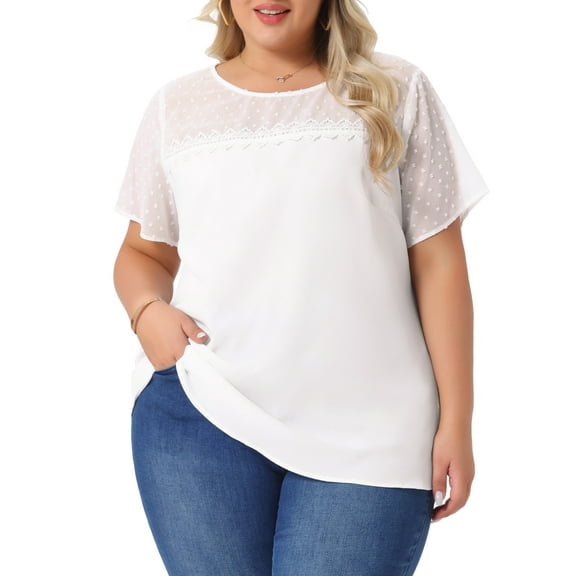 DARING DIVA Women's Plus Lace Pin Dots Short Sleeve Blouse 2X White