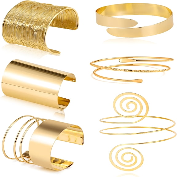 DESIGNICE 6 Pieces Arm Cuff Bracelet Set - Minimalist Simple Swirl Open Wide Wire Upper Arm Band Bracelets for Women - Adjustable Bangle