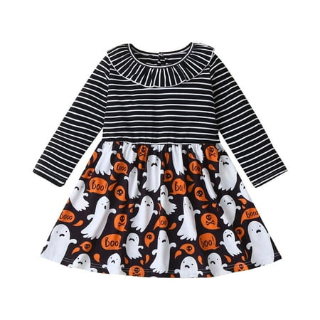 

Honeeladyy Clearance under 10$ Toddler Kid Baby Girls Halloween Long-sleeved Striped Dress Cartoon Print Dress