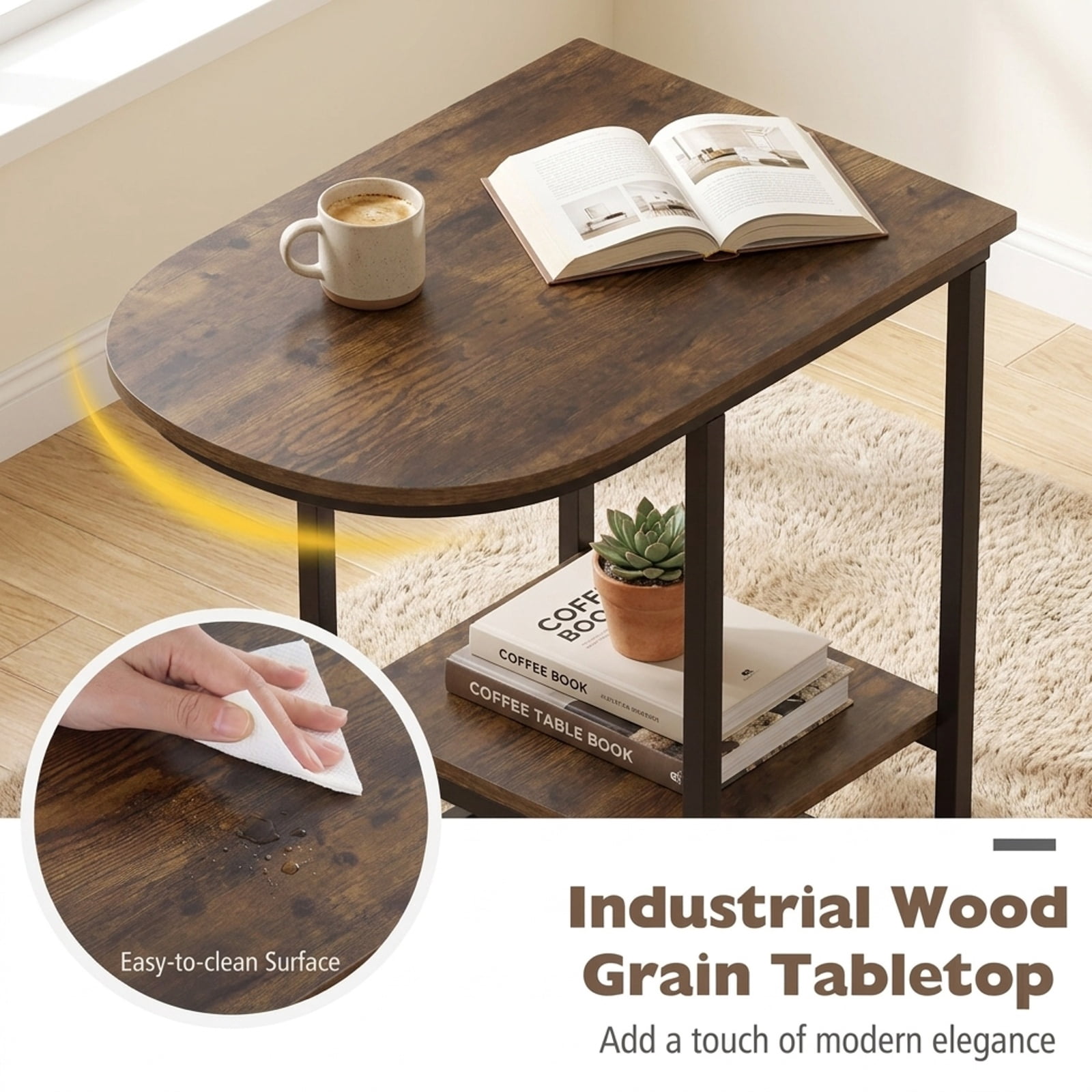 Furnibear C Shaped Modern Sofa Side Table with wood-grain finish Tabletop and Two Tier Storage Shelf for Living Room Bedroom and Lounge, Rustic Brown