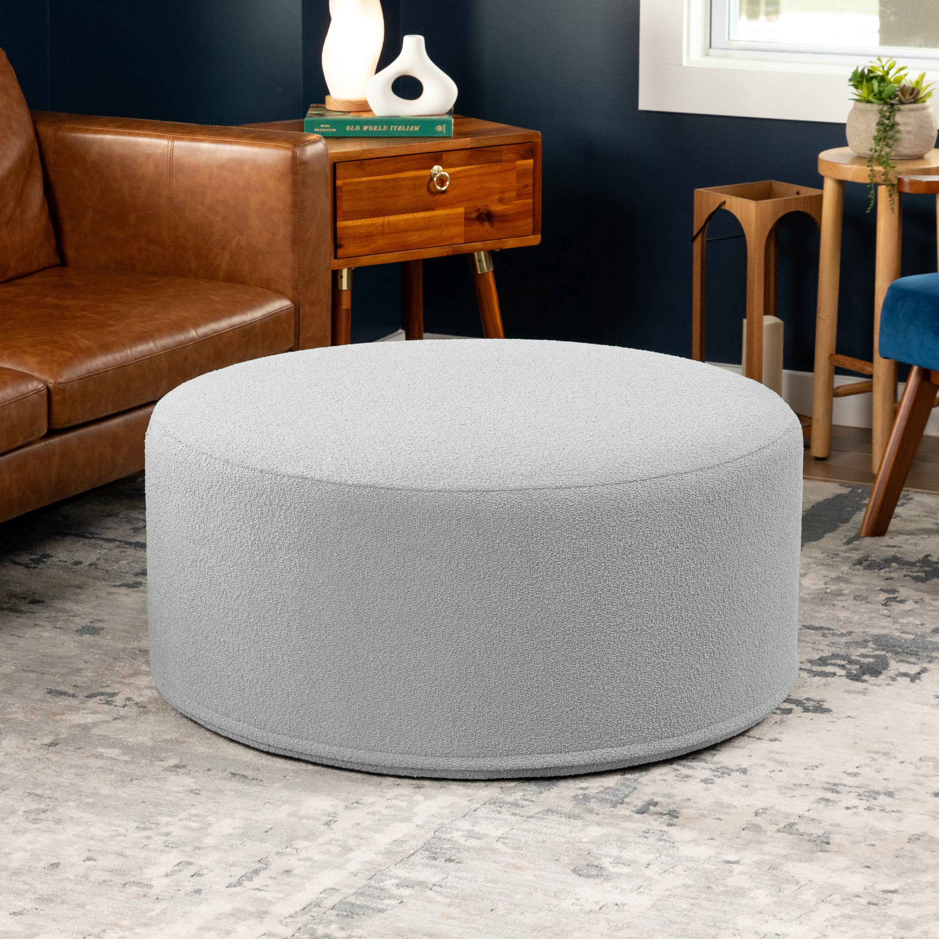 Jaxx Candler Round Coffee Table Ottoman, Large, 36-Inch, Boucle Silver